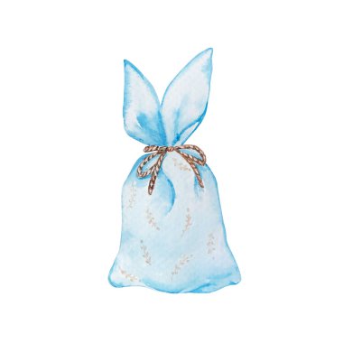 Suluboya Paskalya tatlıları, hamur işleri. Mavi çantalı, kulaklı ve şekerli. Paskalya baharı beyaz arka planda resmedilmiş