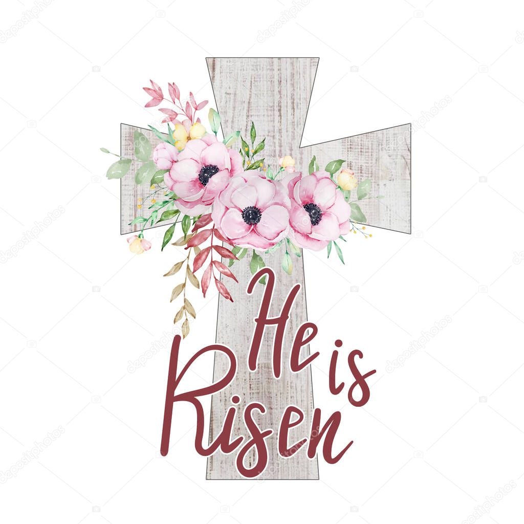 Watercolor Easter floral wooden cross clipart on a white background with an inscription He is Risen. Design for baptism invitation, Easter card, first communion. Jesus crosses green leaves and a bouquet of anemones.
