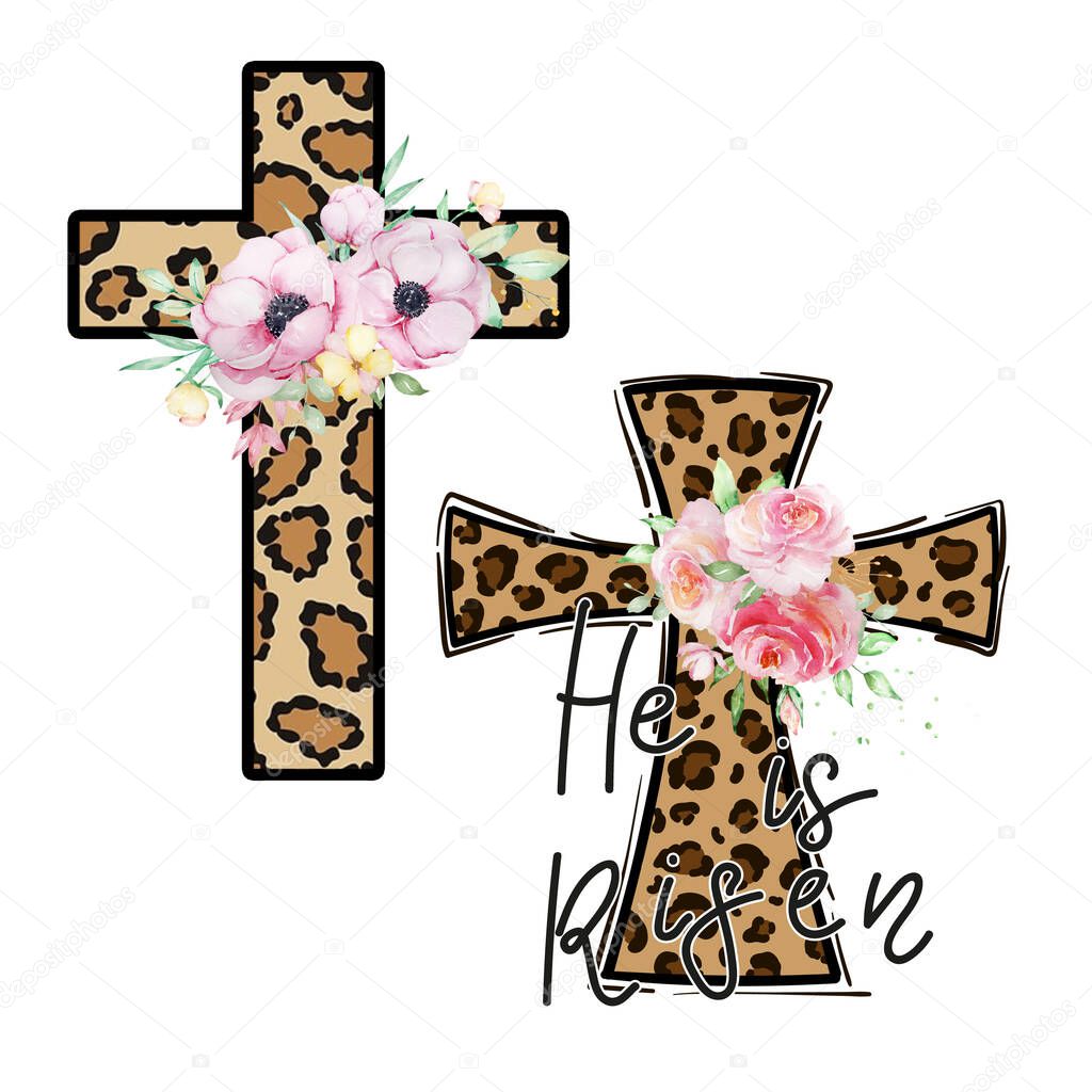 Watercolor Leopard Easter two floral cross clipart on a white background. Design for baptism invitation, Easter card, first communion. Jesus crosses green leaves and a bouquet of flowers.