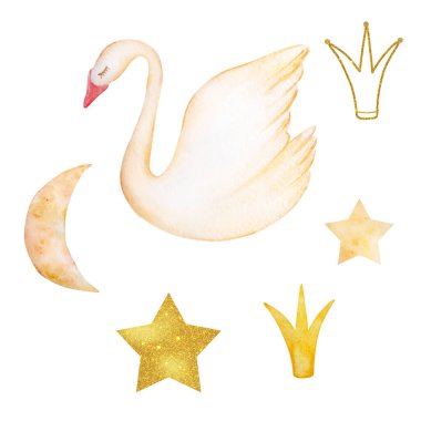 Watercolor gentle swan - a symbol of only love, romantic and beautiful bird with cute elements, moon, star, crown. Illustration isolated on white background.