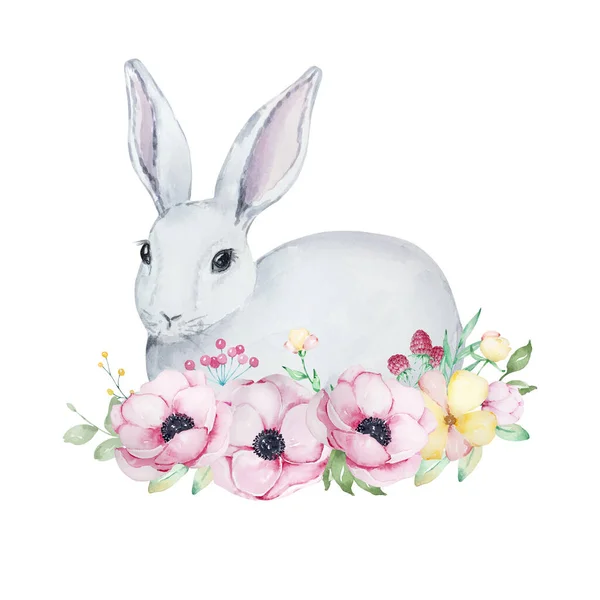 Illustration Aquarelle Lapin Pâques Gris Blanc Mignon Avec Bouquet Fleurs — Image vectorielle