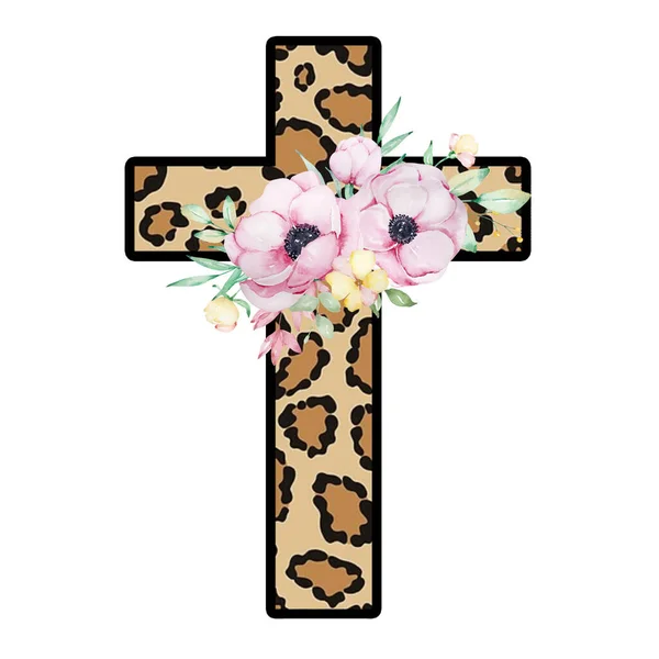 Aquarela Leopardo Páscoa Clipart Cruz Floral Fundo Branco Pode Ser — Vetor de Stock