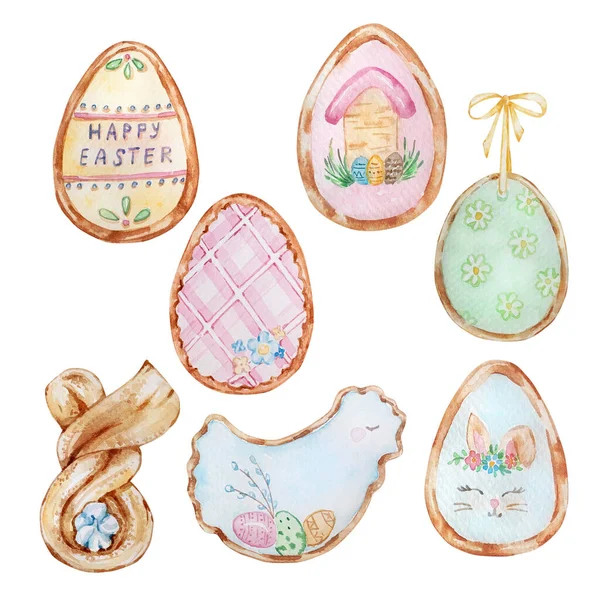 Set Von Aquarell Ostersüßigkeiten Gebäck Lebkuchen Mit Glasur Ostern Frühling — Stockvektor