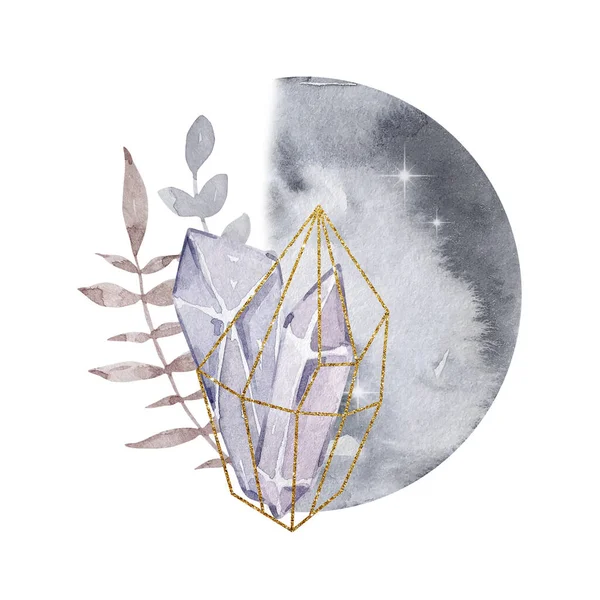 水彩イラスト 魔法の抽象的な構成 月と宝石の石と花 白を基調とした魔法のイラスト — ストック写真