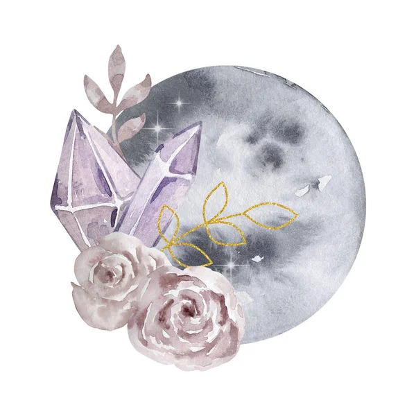 Ilustración Acuarela Composición Abstracta Mágica Luna Llena Piedras Preciosas Flores —  Fotos de Stock