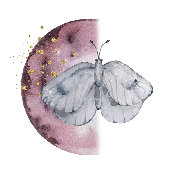 Watercolor Illustration Magic Lunar Abstract Composition Moon Gray Butterfly Golden — Stock Photo, Image