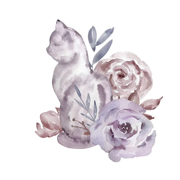 Ilustración Acuarela Composición Abstracta Celestial Mágica Gato Con Rosas Hojas —  Fotos de Stock