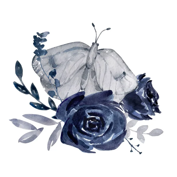 Illustration Aquarelle Composition Abstraite Céleste Magique Papillon Aux Roses Bleues — Photo