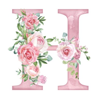 Suluboya pembe güller. Kart tasarımı için H harfi. Baş harfler, baş harfler..
