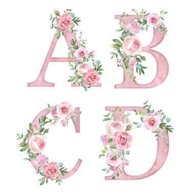 Suluboya pembe güller. Harfler. Kart tasarımı için alfabe..