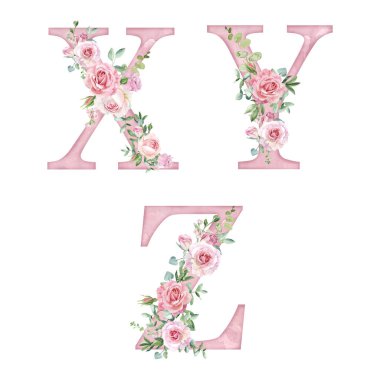 Suluboya pembe güller. Harfler. Kart tasarımı için alfabe..