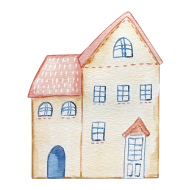 Suluboya Şirin Ev, Noel Mavi İskandinav tasarım kartı ve baskı çizimi.