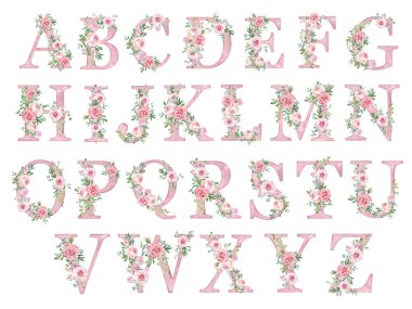Suluboya pembe güller. Harfler. Kart tasarımı için alfabe..