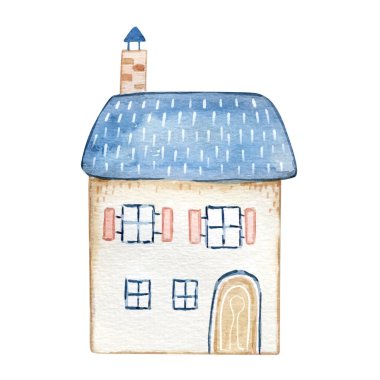 Suluboya Şirin Ev, Noel Mavi İskandinav tasarım kartı ve baskı çizimi.