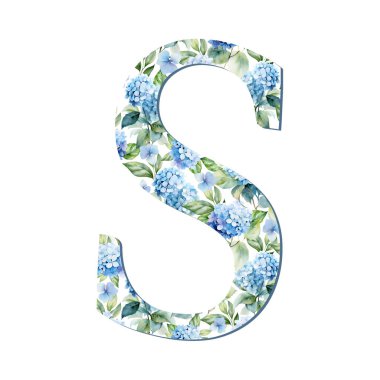 Suluboya ortanca çiçekleri mavi harfler küçük harfler, kart tasarımı için, baş harfler, monogram baskılar.
