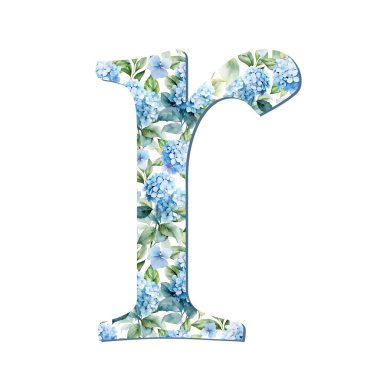 Suluboya ortanca çiçekleri mavi harf r küçük harf, kart tasarımı için, baş harfler, monogram baskı.