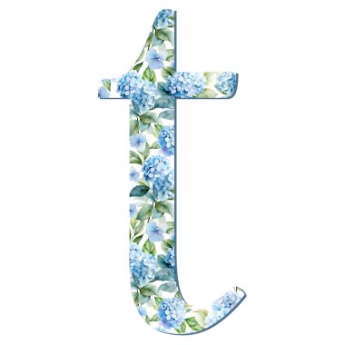 Suluboya ortanca çiçekleri mavi harf küçük harf, kart tasarımı için, baş harfler, monogram baskısı.