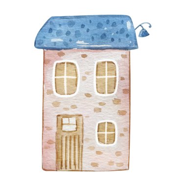 Suluboya Şirin Ev, Noel Mavi İskandinav tasarım kartı ve baskı çizimi.