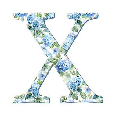 Suluboya ortanca çiçekleri mavi harf x küçük harf, kart tasarımı için, baş harfler, monogram baskı.