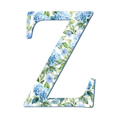 Suluboya ortanca çiçekleri mavi harf z küçük harf, kart tasarımı için, baş harfler, monogram baskı.