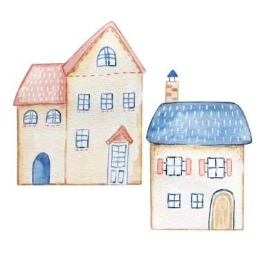 Suluboya Şirin Evler seti, Noel Mavi İskandinav tasarım kartı ve baskı çizimi.