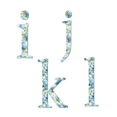 Suluboya ortanca çiçekleri mavi alfabe küçük harf, kart tasarımı için, baş harfler, monogram baskısı.