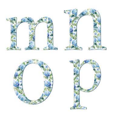 Suluboya ortanca çiçekleri mavi alfabe küçük harf, kart tasarımı için, baş harfler, monogram baskısı.