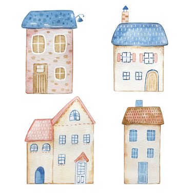 Suluboya Şirin Evler seti, Noel Mavi İskandinav tasarım kartı ve baskı çizimi.