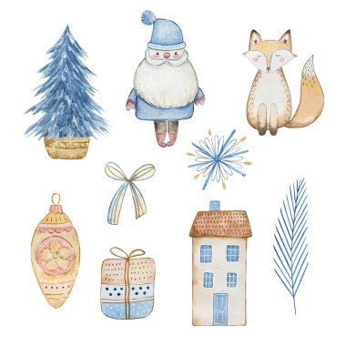 Suluboya Şirin Noel Mavi İskandinav dizayn kartı ve baskı seti.