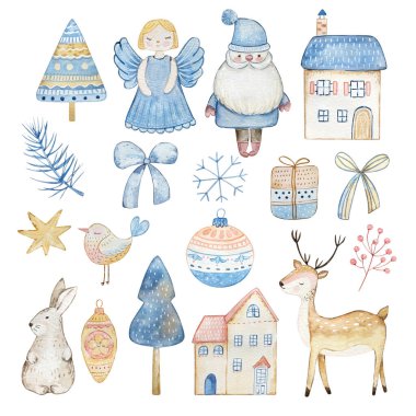 Suluboya Şirin Noel Mavi İskandinav dizayn kartı ve baskı seti.