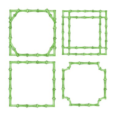Su boyası bambu saplarından oluşan yeşil kare çerçeve, pankartların tasarımı ve dekorasyonu için sınır, davetiyeler ve kartpostallar.