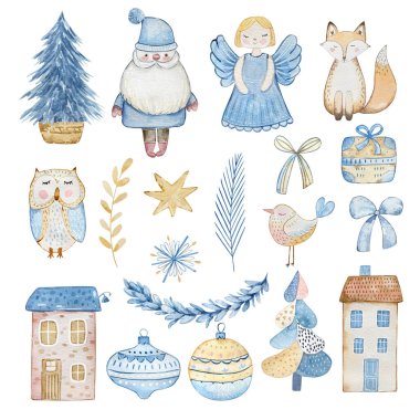 Suluboya Şirin Noel Mavi İskandinav dizayn kartı ve baskı seti.