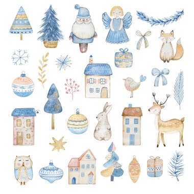 Suluboya Şirin Noel Mavi İskandinav dizayn kartı ve baskı seti.