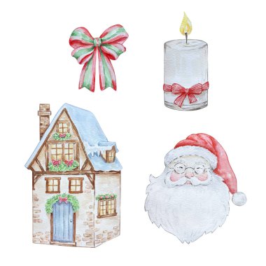 Suluboya Noel şirin seti, tatil tasarımı için kış çizimi.