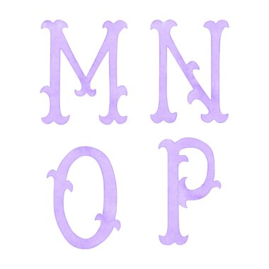 Suluboya klasik mor alfabe, baş harfler, monogram baskı.