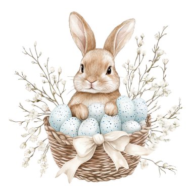 Pastel yumurtalı suluboya Paskalya Tavşanı Sepeti ve tebrik kartı tasarımı için bahar çiçekleri.