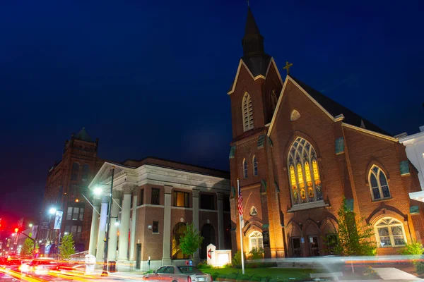 Main Street United Methodist Church Noite Centro Nashua New Hampshire — Fotografia de Stock