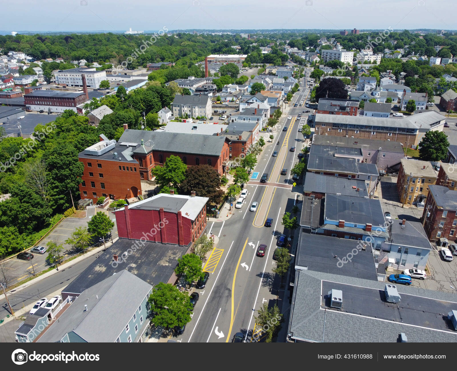 Aerial View Historic Commercial Buildings Main Street Downtown Peabody