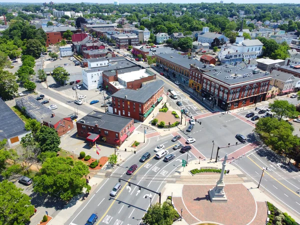 stock image Aerial view of historic commercial buildings on Main Street in downtown Peabody, Massachusetts MA, USA. 