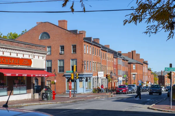 Ιστορικά Κτίρια Στο State Street Στο Κέντρο Του Newburyport Μασαχουσέτη — Φωτογραφία Αρχείου