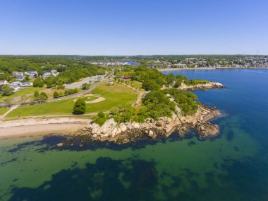 Gloucester, Cape Ann, Massachusetts MA, ABD 'deki Gloucester Limanı' ndaki Stage Head 'de Fort Park hava görüntüsü..