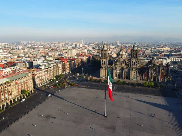 Mexico National Flag Zocalo Constitution Square Och Metropolitan Cathedral Antenn — Stockfoto