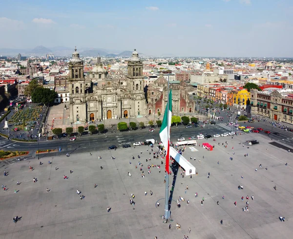 Bandera Nacional México Plaza Constitución Del Zócalo Vista Aérea Catedral —  Fotos de Stock