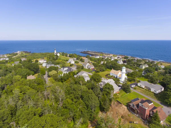 Aerial view of Cape Elizabeth Lights, also known as Two Lights, at the south end of Casco Bay in town of Cape Elizabeth, Maine ME, USA.