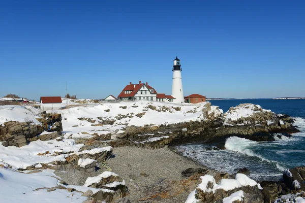 Phare Portland Head Maison Des Gardiens Hiver Cape Elizabeth Maine — Photo