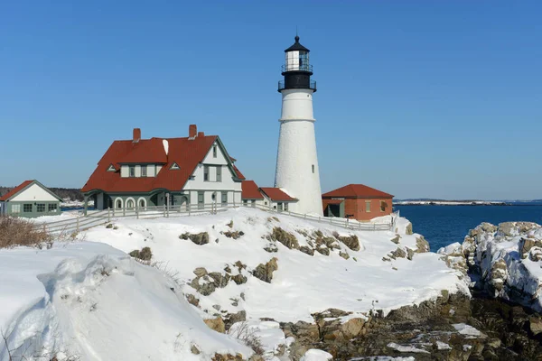 Phare Portland Head Maison Des Gardiens Hiver Cape Elizabeth Maine — Photo