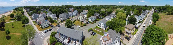 Aerial view panorama of historic residence building in historic city of Beverly, Massachusetts MA, USA.