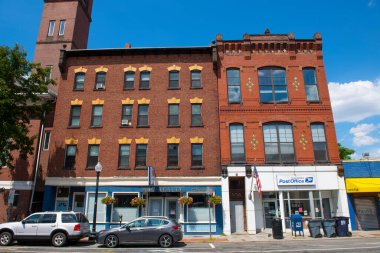 Cambridge Caddesi 'ndeki tarihi ticari binalar Sciarappa Caddesi, Doğu Cambridge, Massachusetts MA, ABD. 