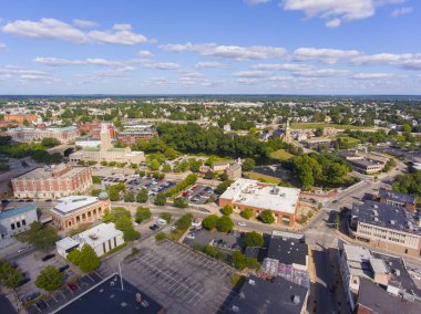 Pawtucket city hall on Roosevelt Avenue, William E Tolman High School and Blackstone River aerial view in downtown Pawtucket, Rhode Island RI, USA.