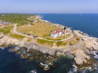 Beavertail Lighthouse in Beavertail State Park aerial view in summer, Jamestown, Rhode Island RI, USA. This lighthouse, built in 1856, at the entrance to Narragansett Bay on Conanicut Island. clipart